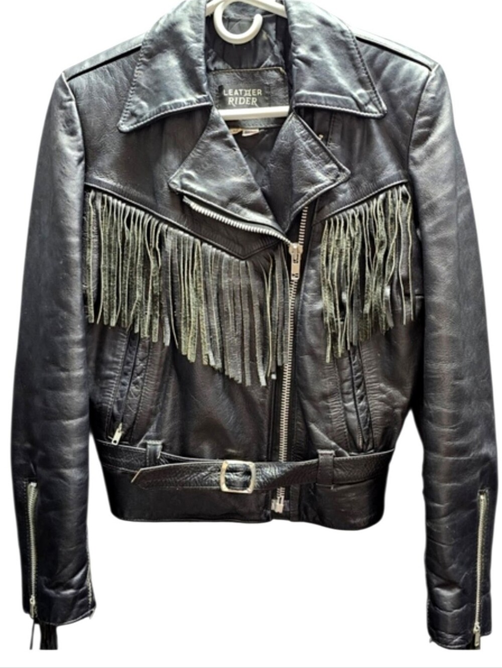 Vintage Leather Rider Fringe Moto Jacket – Size 12, Made in USA